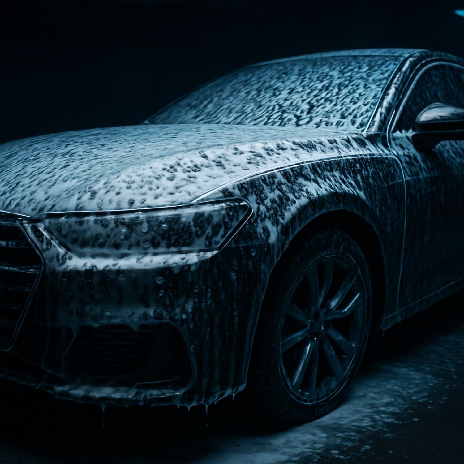 Snow foam pre-wash covering a dark car during a standard valet