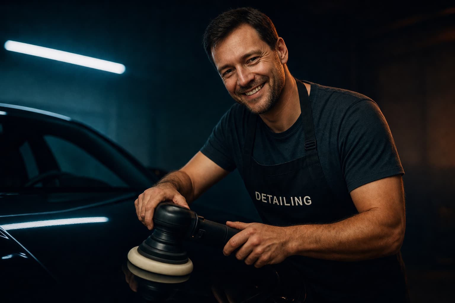 Mike, owner of Mirrored Motors, polishing a car in his workshop